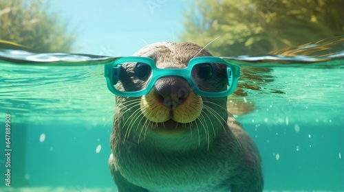 Create a stylish platypus in glasses, swimming gracefully in a turquoise pool.