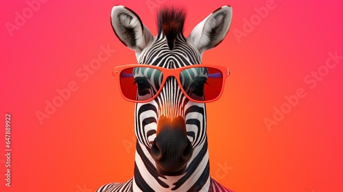 Create a stylish zebra with sunglasses, standing confidently against a vibrant coral background.