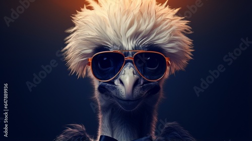 Create a suave ostrich donning sunglasses  framed against a midnight blue background.
