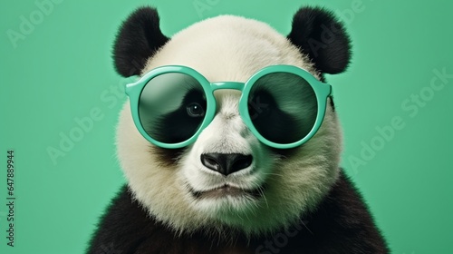 Create a suave panda sporting spectacles, enjoying bamboo on a mint green background.