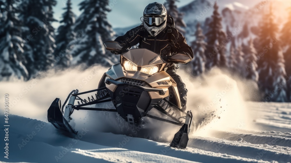 Snowmobile rider performing spectacular jump on mountain with snowy landscape.