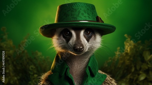  Design a mesmerizing depiction of a chic meerkat wearing a stylish cap on a deep forest green background. 
