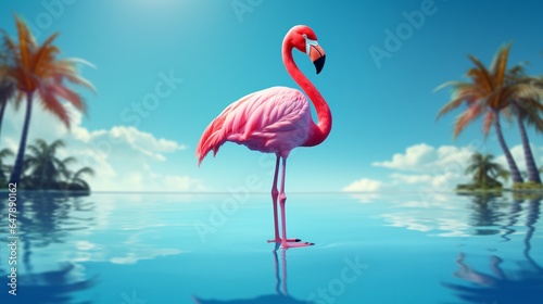 Design a trendy flamingo with sunglasses, gracefully balancing on one leg in a cerulean lagoon.