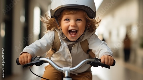 Portrait of a happy little children that riding a bike on city road.