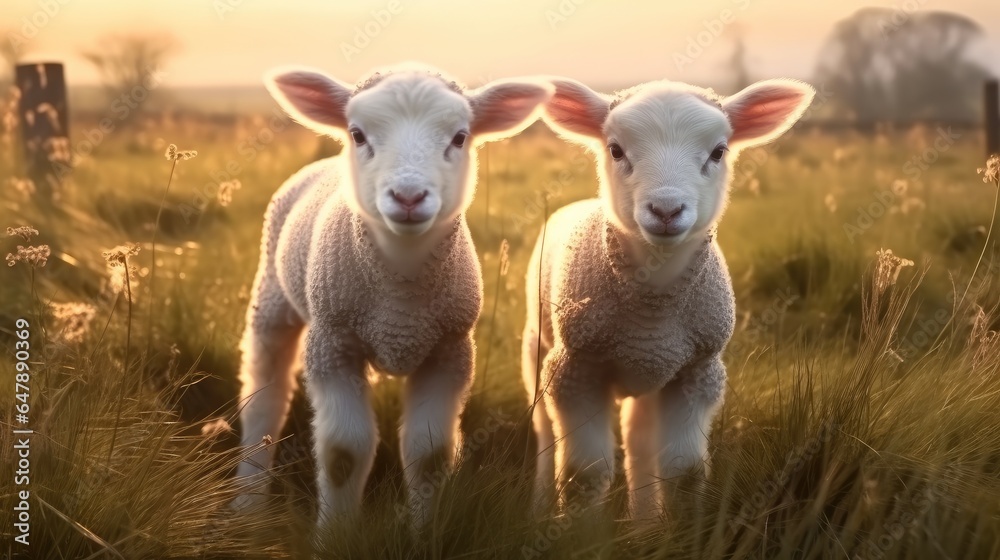 Two young lamb sheep on spring meadow. Two young lamb sheep on spring meadow.