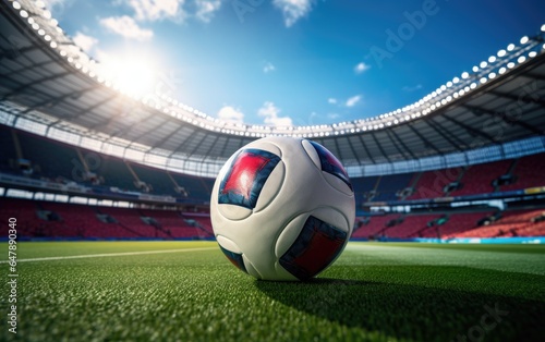 Soccer ball on green grass in soccer stadium. Generative AI