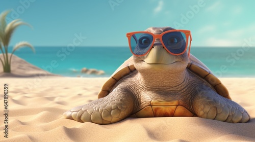Design a trendy sea turtle with spectacles, lounging on a sandy beige backdrop. photo