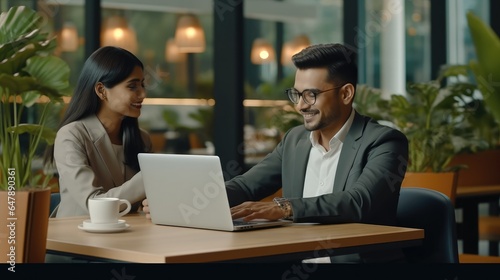 Business man and woman working together on a project in a modern office, watching presentation, discussing ideas, brainstorming.