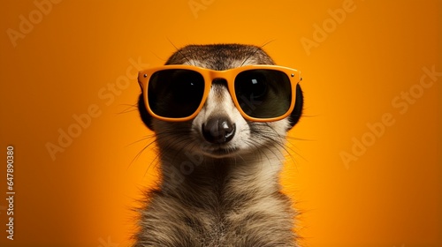 Develop a sophisticated meerkat sporting trendy eyewear, set against a sleek onyx backdrop.