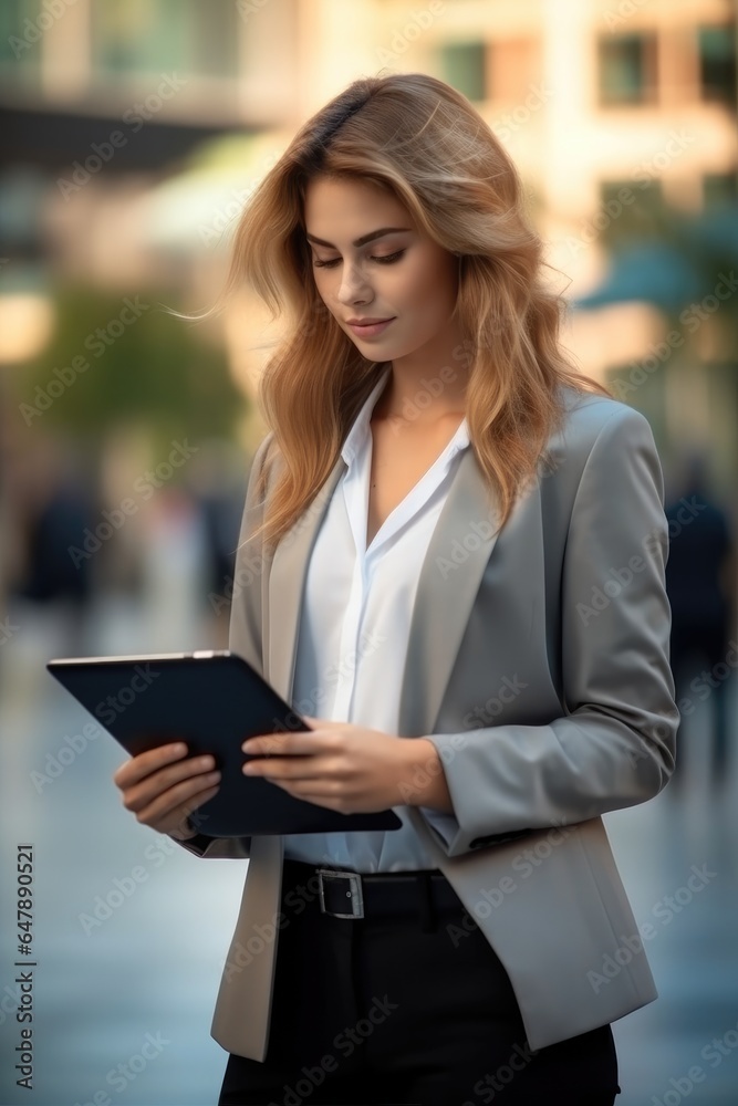 Beautiful business woman standing on big city street outside using digital tablet device.