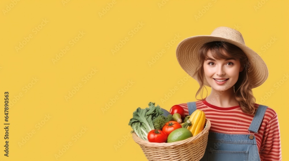 Young woman farmer with basket full of different vegetables on yellow background. Young woman farmer with basket full of different vegetables on yellow background.