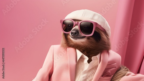 Fashion a fashionable sloth in shades, hanging gracefully on a dusty rose canvas.