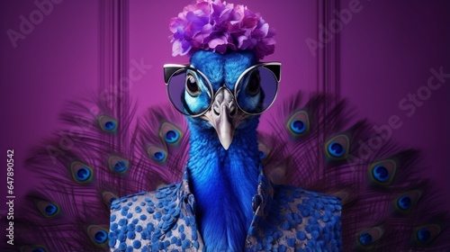 Fashion a trendy peacock wearing glasses, set against a royal blue canvas. © Ullah