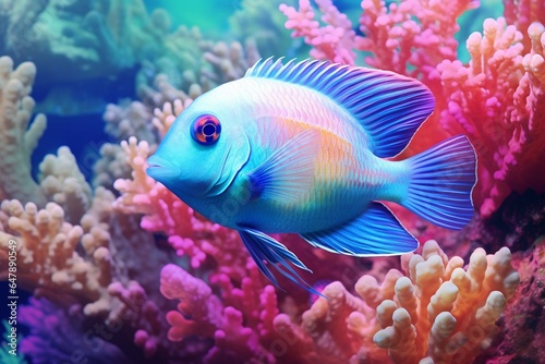 Blue chromis damselfish swimming amidst coral reef in vibrant digital watercolor. Generative AI