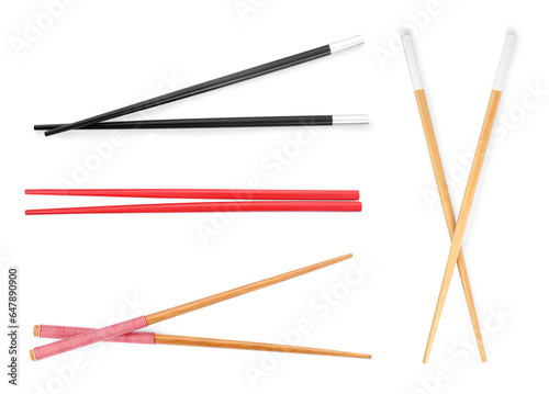 Set with different chopsticks isolated on white, top view