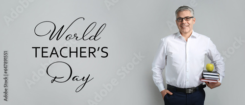 Mature male teacher with apple and books on grey background. Banner for Teacher s Day