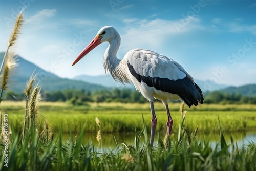 Stork standing on green field