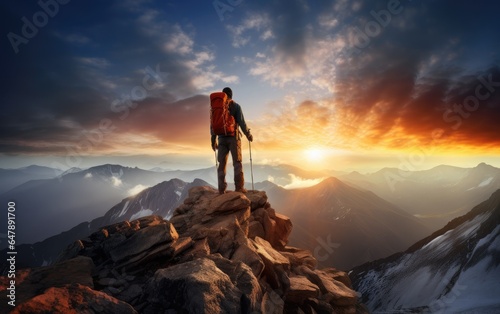 Hiker on a peak at sunrise. Generative AI