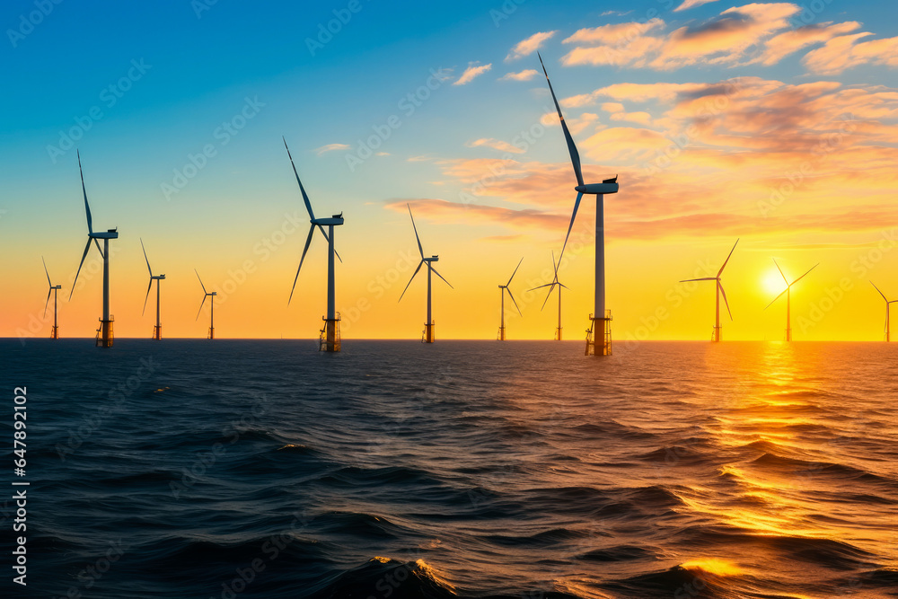 Offshore wind turbine plant in the ocean at sunrise or sunset