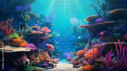 Create an abstract representation of a submerged coral reef, teeming with vibrant marine life.