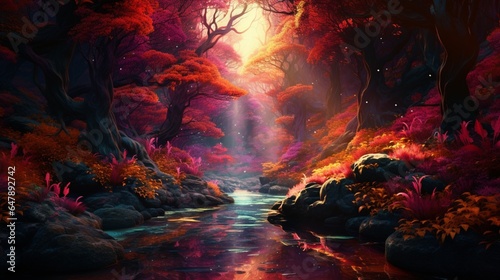 Create an image of liquid color blending and converging like streams meeting in a hidden forest.