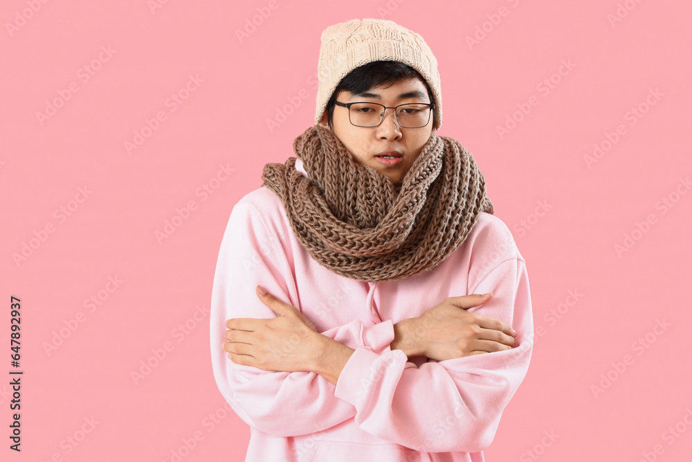 Ill Asian man on pink background Ill Asian man on pink background