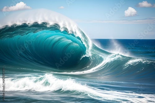 美しい青緑色の大波が自己を巻き込む、泡立つ海の力強さと静寂を描いた、ホライゾンラインが見える晴れた青空を背景にしたオーシャンビュー