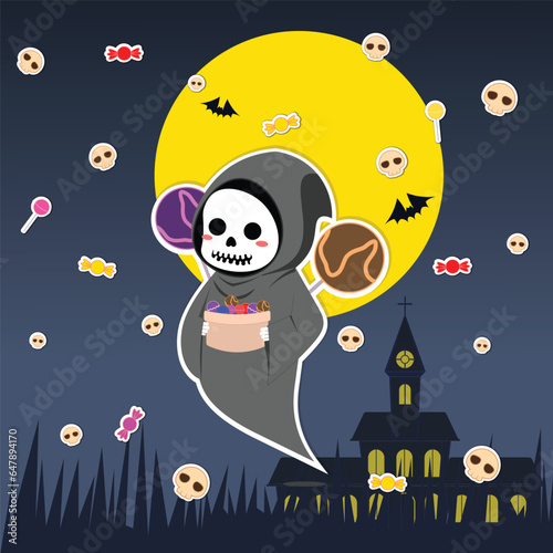 A little ghost is holding candy from Halloween.
