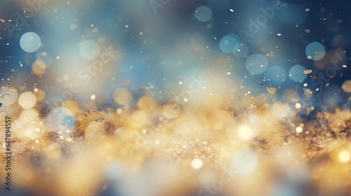 Blue and gold glittering bokeh background for New year 2024 and holidays celebration, Generative ai