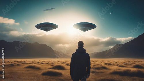 Back View of Man Gazing at Alien Invasion, UFO Soaring in Dramatic Sky. Sci-Fi Extraterrestrial Encounter Concept, Thrilling Adventure, and Otherworldly Mystery.