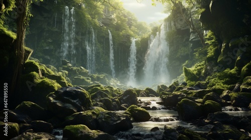 A cascading waterfall  framed by moss-covered rocks  glistening in the dappled sunlight.