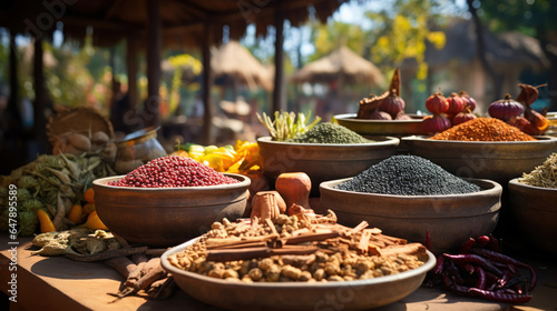 Traditional open-air food market displaying an array of exotic spices and fresh produce photo