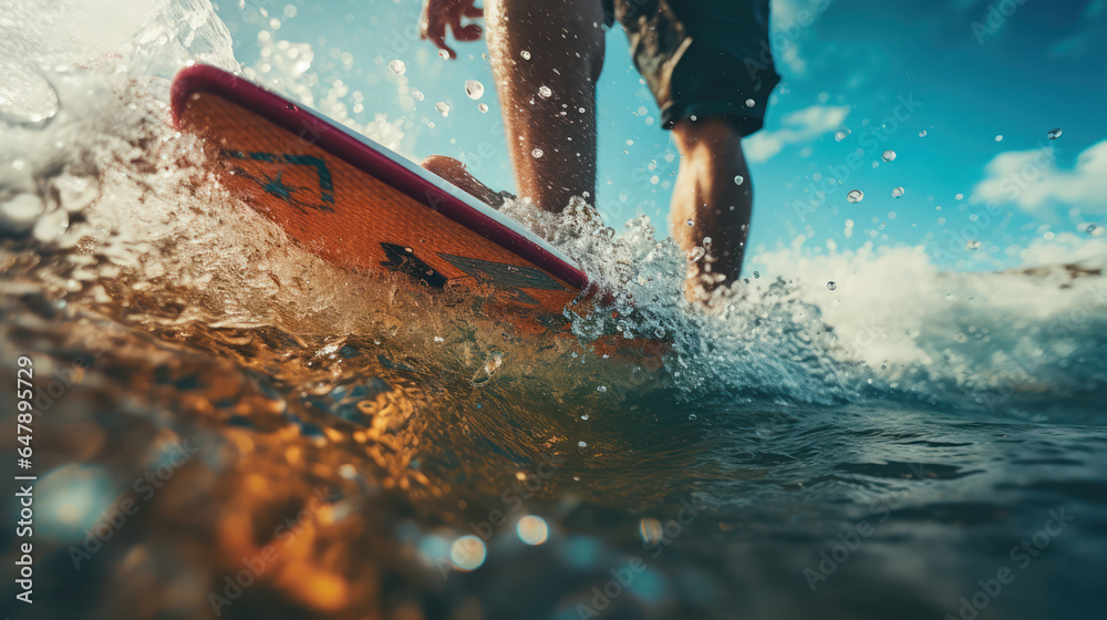 Fototapeta premium Surfer foot stepping on the surfboard, capturing the motion and balance