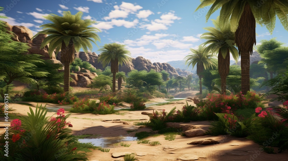 A lush oasis in the desert, where palm trees sway and a cool breeze carries the scent of blooming flowers.