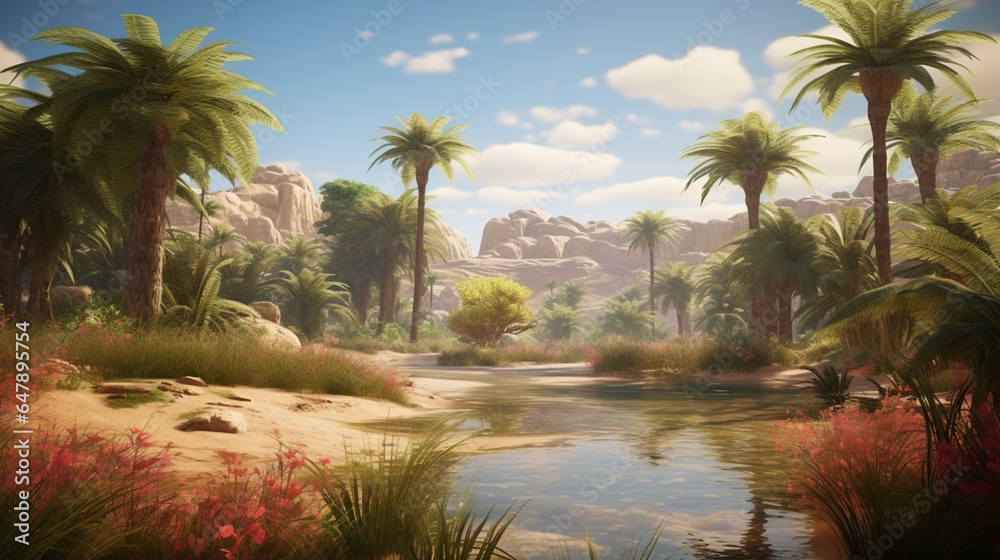 A lush oasis in the desert, where palm trees sway and a cool breeze carries the scent of blooming flowers.