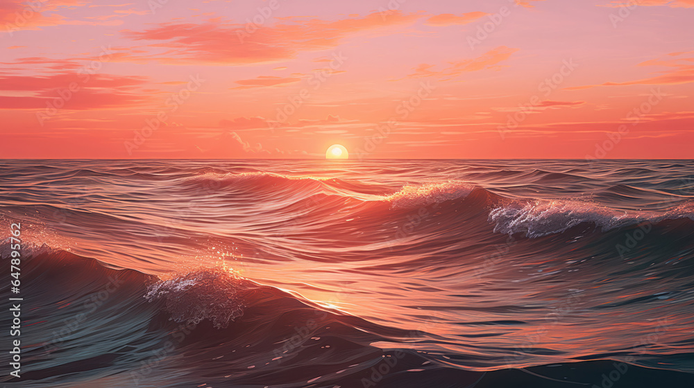 The sun rising over the ocean, illuminating the sky and water in shades of orange and pink