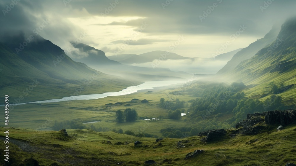 A misty morning in the highlands, where the world is cloaked in a tranquil, ethereal haze.
