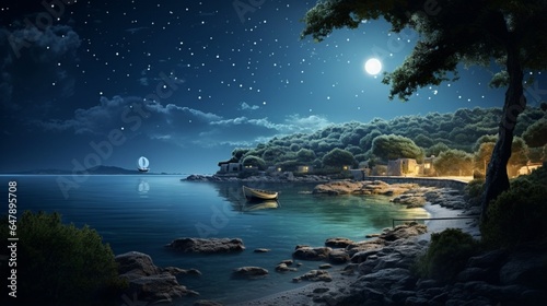 A hidden cove bathed in moonlight, where fishing boats rest beneath the starry night. © digi