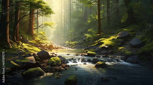 A gentle stream winds through a sun-dappled forest, its waters a soothing melody.