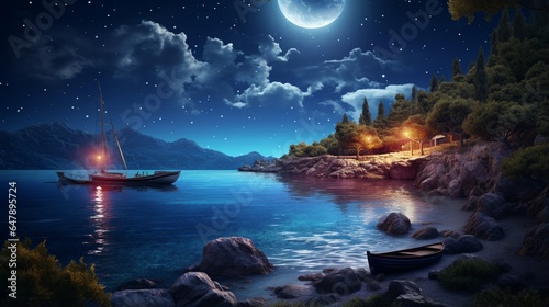 Foto A hidden cove bathed in moonlight, where fishing boats rest beneath the starry night