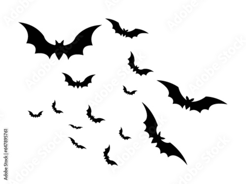 Horrific black bats swarm isolated on white vector Halloween background. Flying fox night creatures illustration. Silhouettes of flying bats traditional.