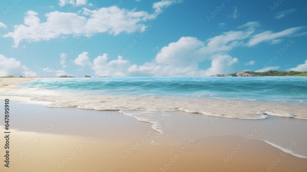 A pristine, untouched beach, where the cerulean sea kisses the golden sands.