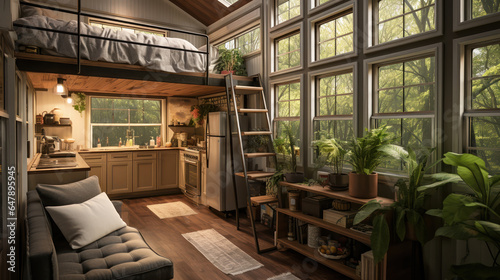 The interior of a tiny home featuring a cozy living area, compact kitchen, and lofted bed