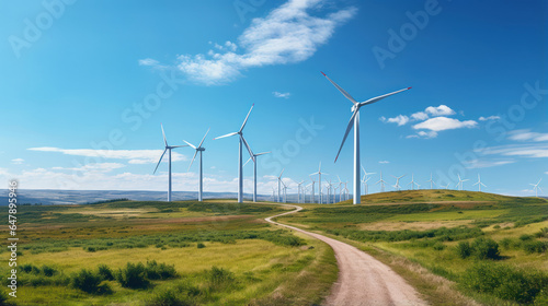 landscape featuring a wind farm with rotating turbines, set against a clear sky