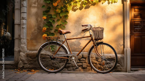 Vintage bicycle parked against an old brick wall