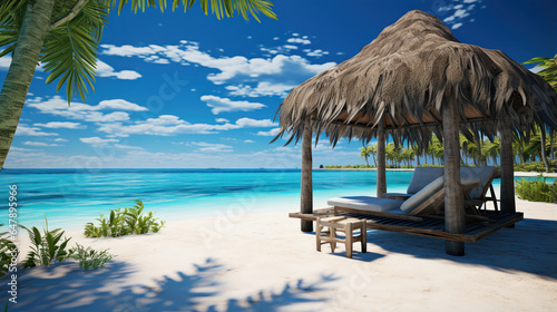 Tropical beach setting featuring crystal-clear waters, white sands, and a thatched-roof cabana