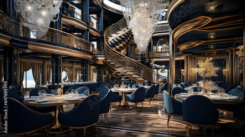 Luxury yacht interior featuring a grand dining area with crystal chandeliers and opulent furnishings © Malika