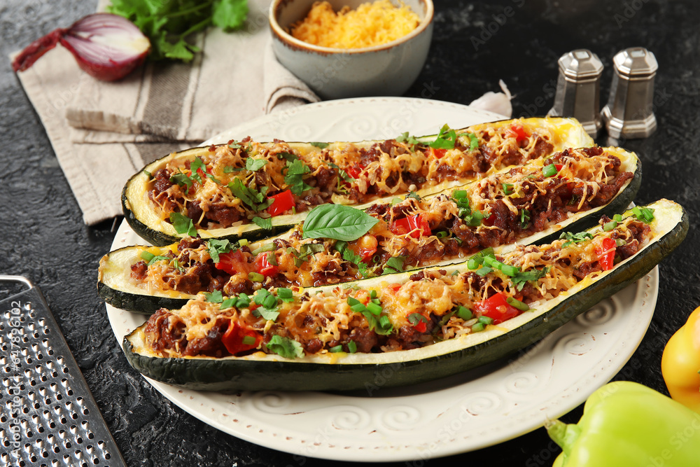 Plate with meat stuffed zucchini boats on black background Plate with meat stuffed zucchini boats on black background