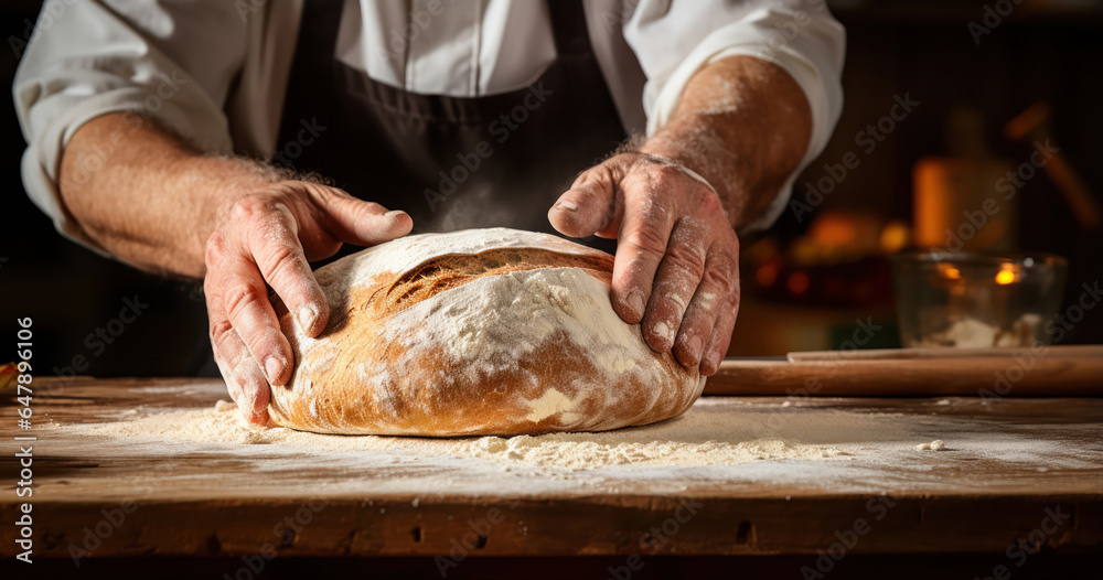 Artisan baker kneading dough on a rustic wooden table, surrounded by ingredients