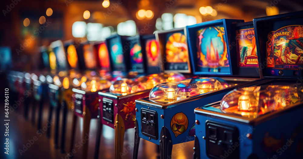 Row of classic pinball machines in an arcade, featuring vintage designs and colorful lights - obrazy, fototapety, plakaty 